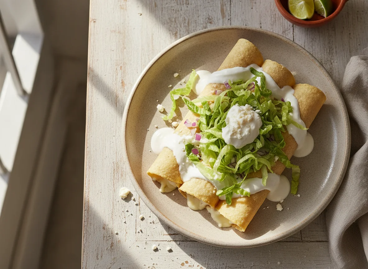 Enchiladas de queso con lechuga y crema photo