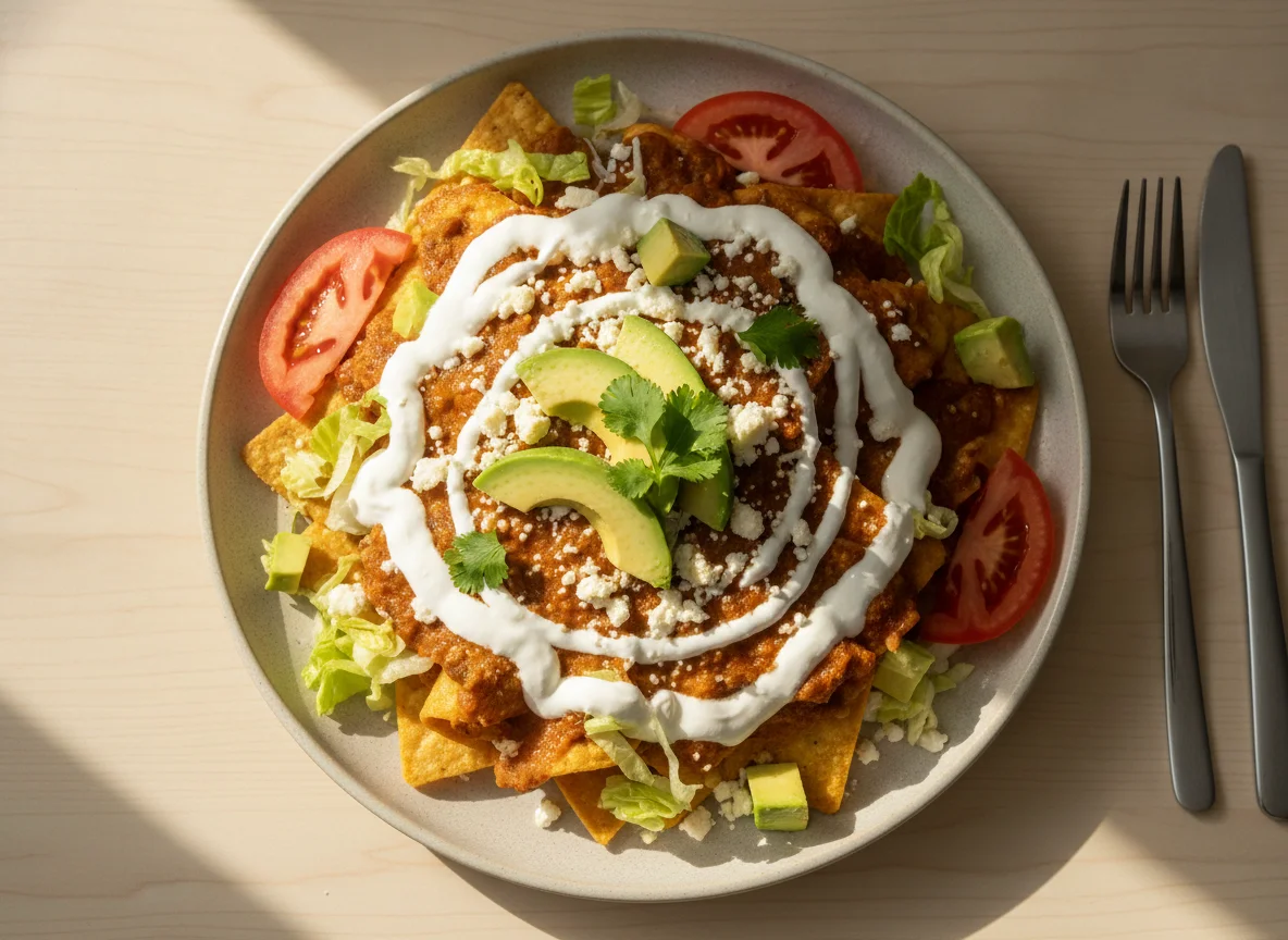 Enchiladas o Chilaquiles con crema y aguacate photo