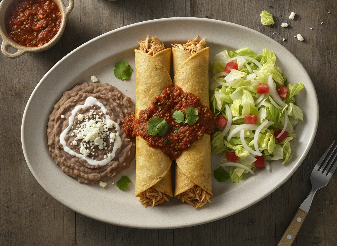 Enchiladas o Tacos Dorados con Frijoles y Ensalada photo