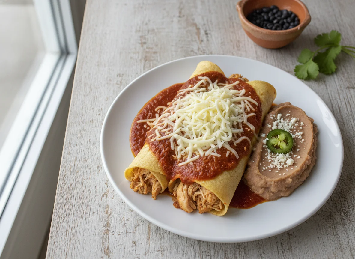 Enchiladas rojas con frijoles refritos photo