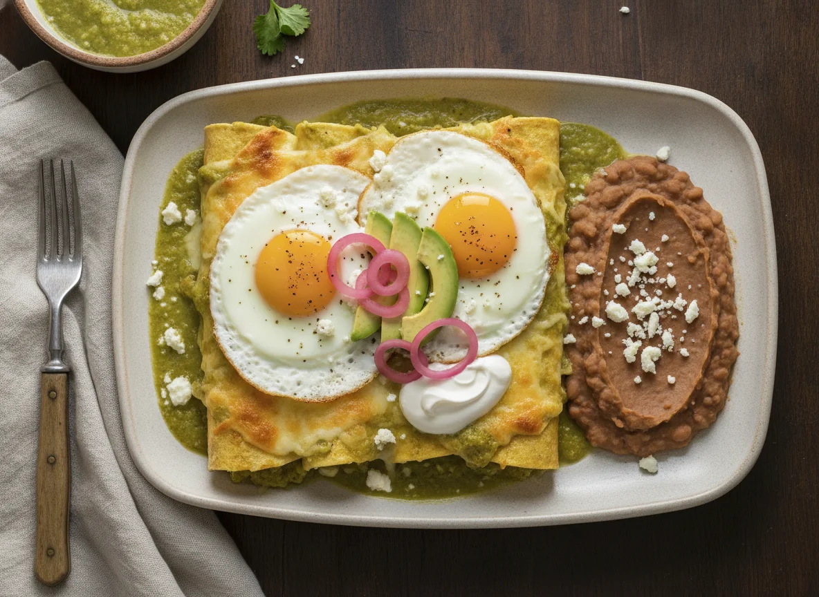 Enchiladas suizas con huevo estrellado y frijoles photo