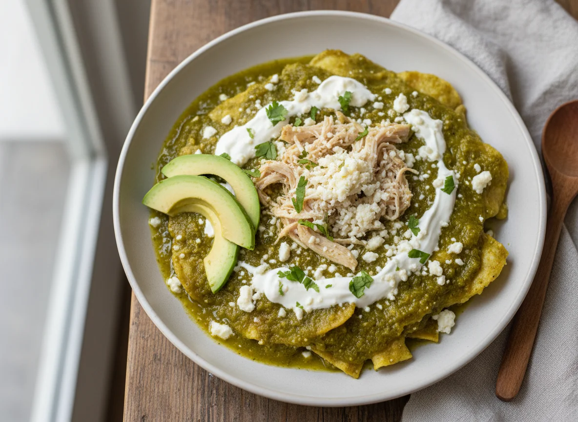 Enchiladas suizas o chilaquiles verdes con pollo photo