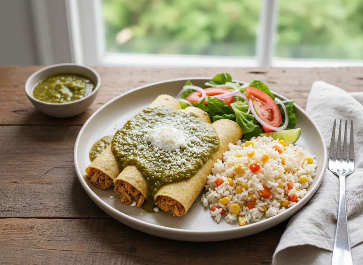 Enchiladas Verdes con Arroz y Ensalada photo