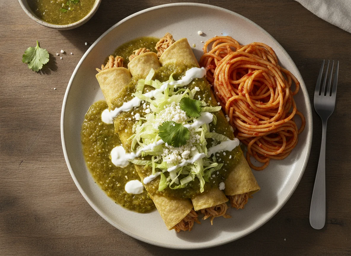 Enchiladas verdes con espagueti photo