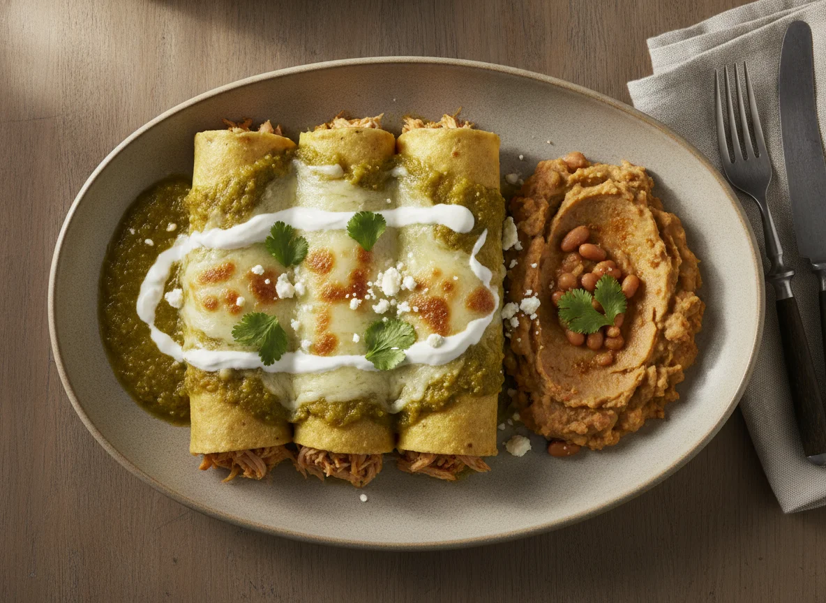 Enchiladas verdes con frijoles refritos photo