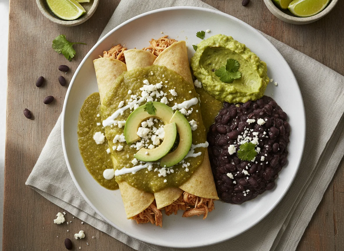 Enchiladas verdes con frijoles y guacamole photo