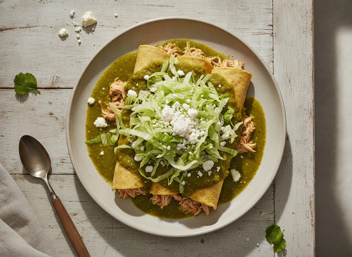 Enchiladas verdes con lechuga y queso photo