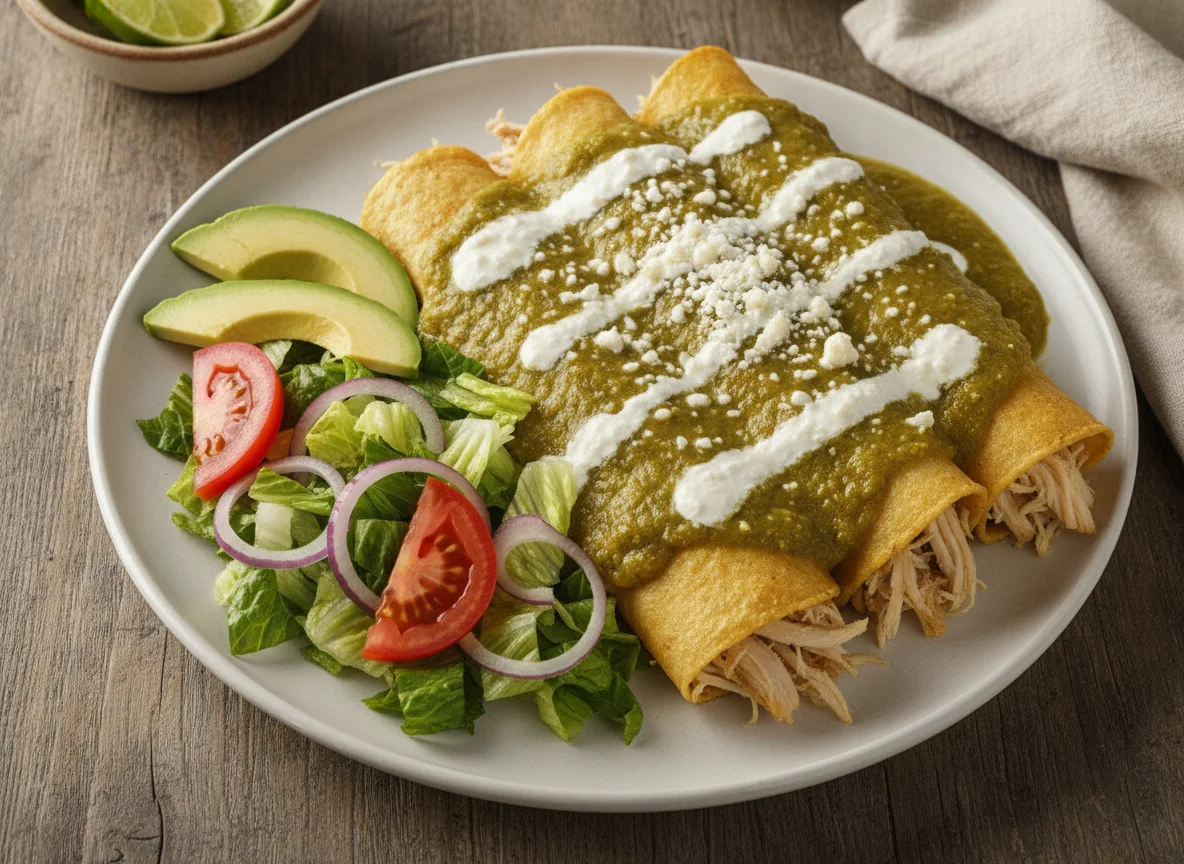 Enchiladas verdes con queso y ensalada photo