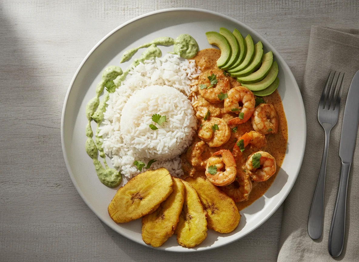 Encocado de camarón con arroz, patacones y aguacate photo