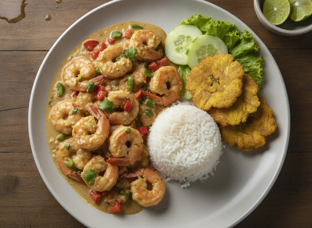 Encocado de camarón con arroz y patacón photo