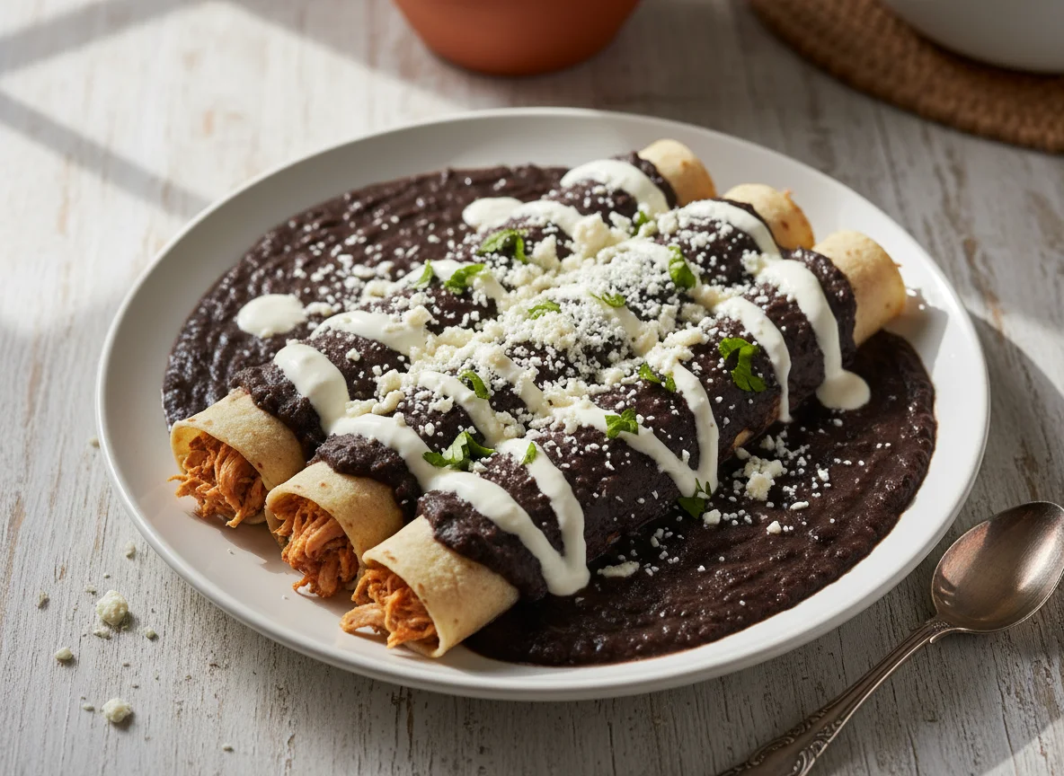 Enfrijoladas con crema y queso photo