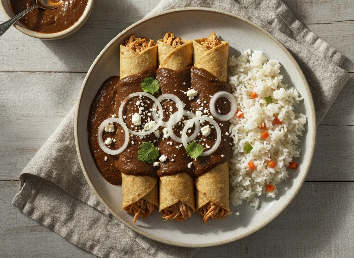 Enmoladas de pollo con arroz photo