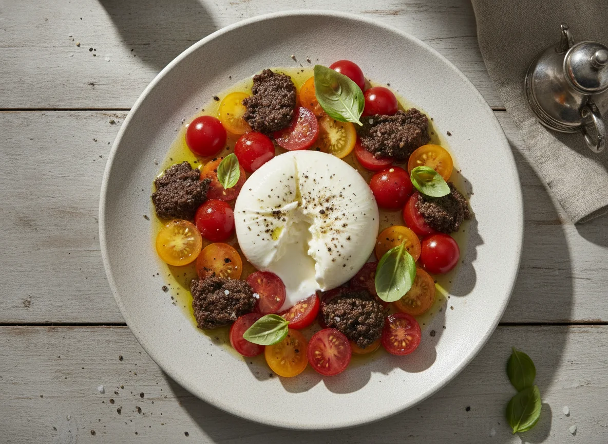 Ensalada Burrata con Tomates Cherry y Tapenade photo