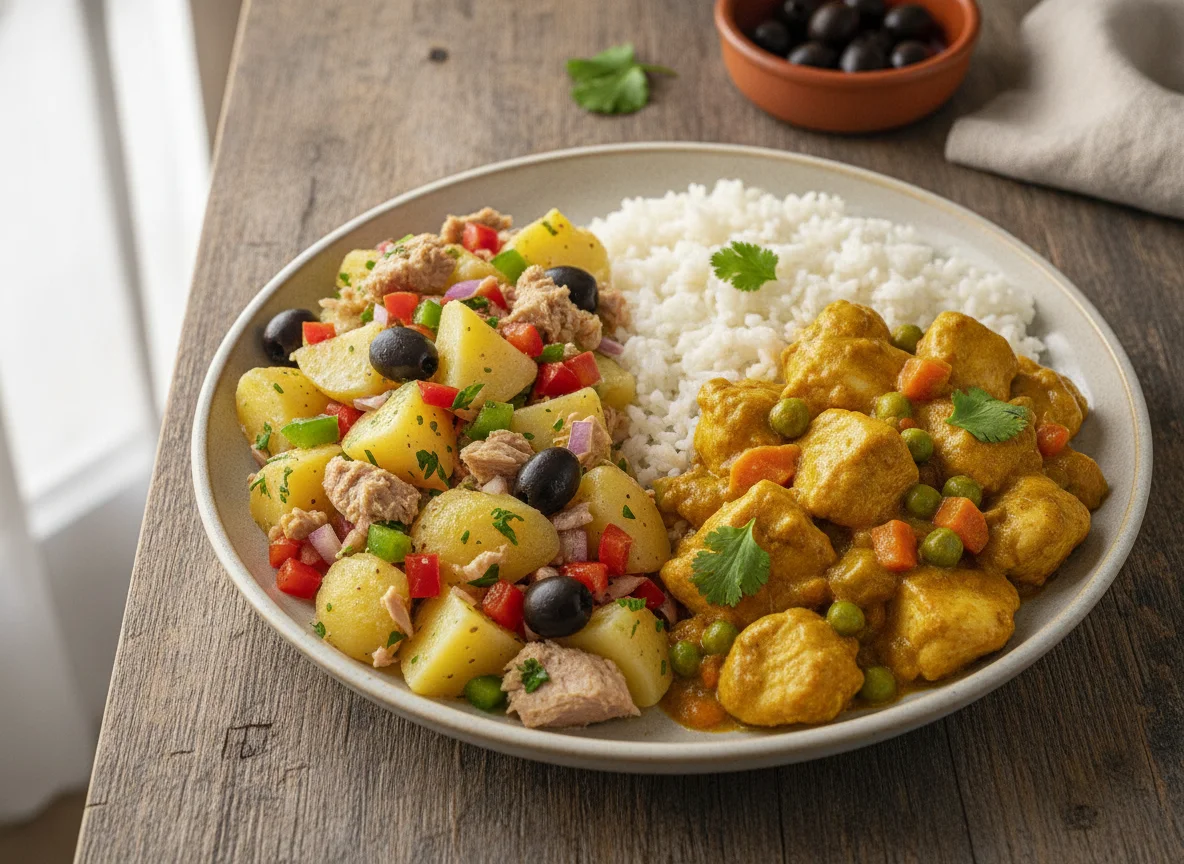 Ensalada campera y Pollo al curry con arroz photo