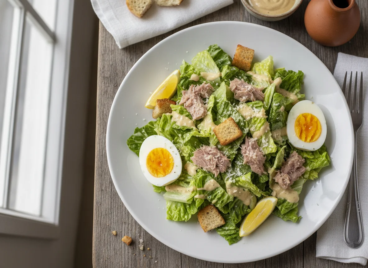 Ensalada César con atún y huevo photo