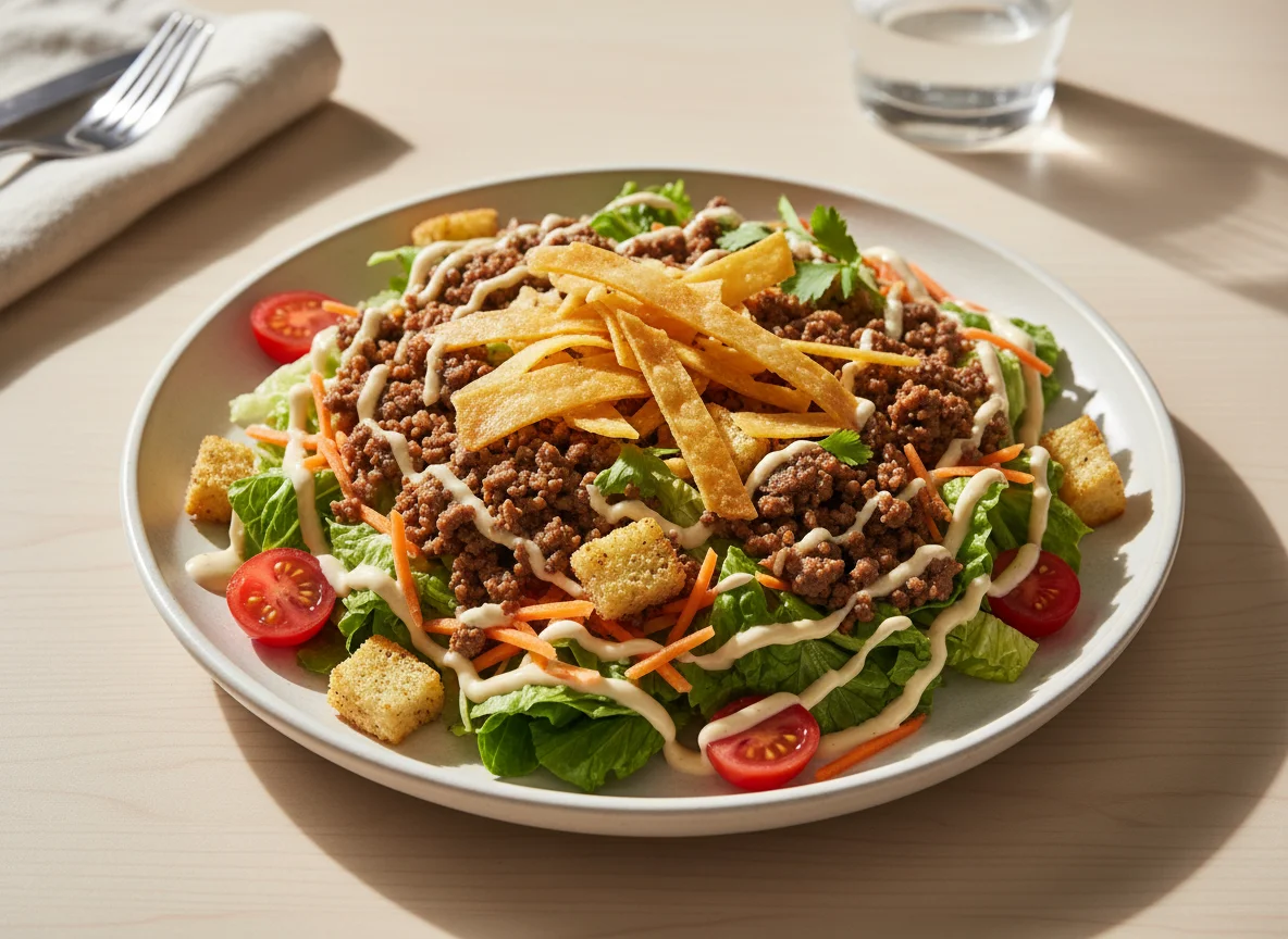 Ensalada César con carne molida y tortilla photo