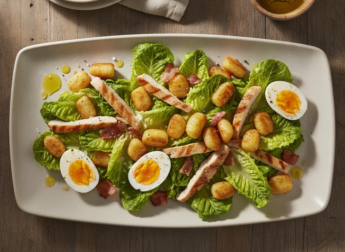 Ensalada César con gnocchi y huevo photo