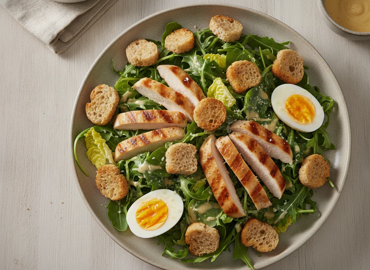 Ensalada César con huevo y pollo photo