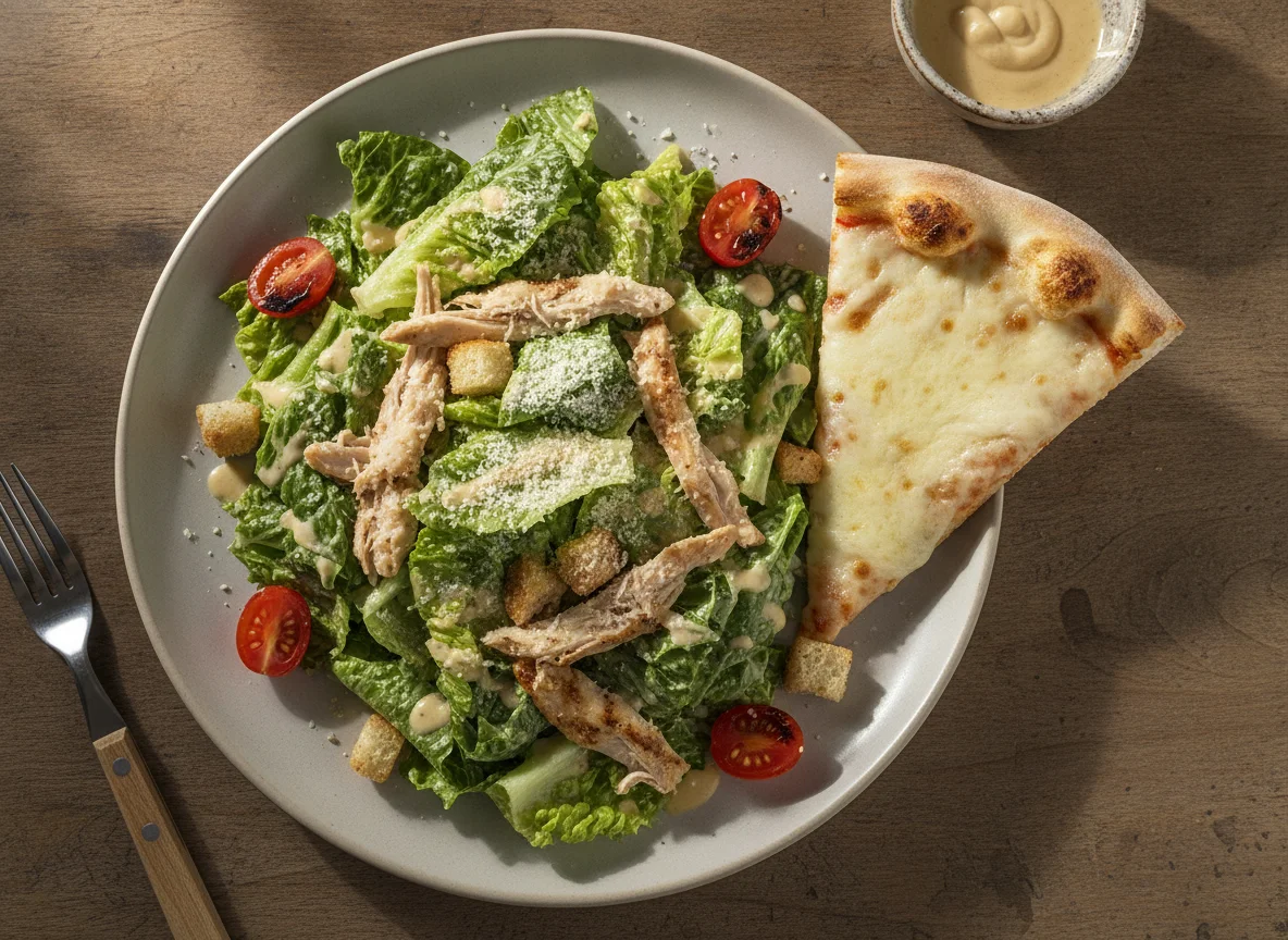 Ensalada César con pollo y porción de pizza photo