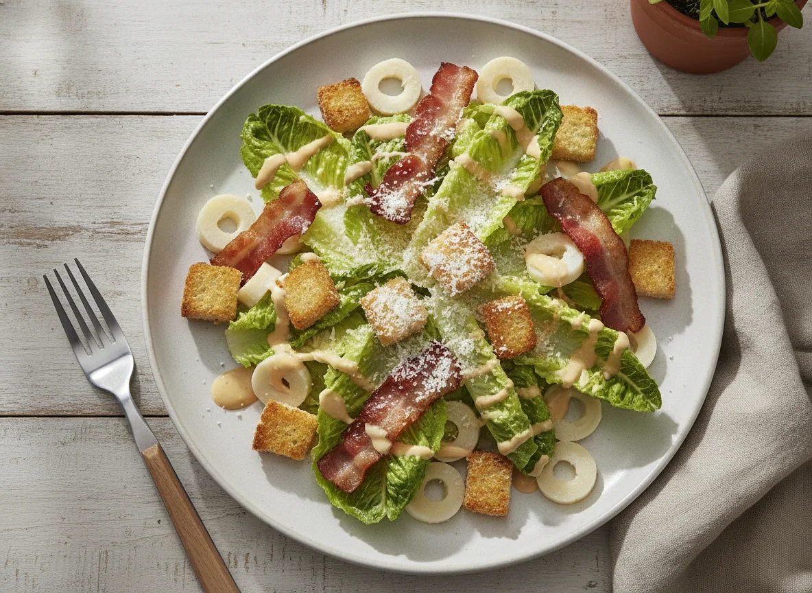 Ensalada César con tocino y palmitos photo