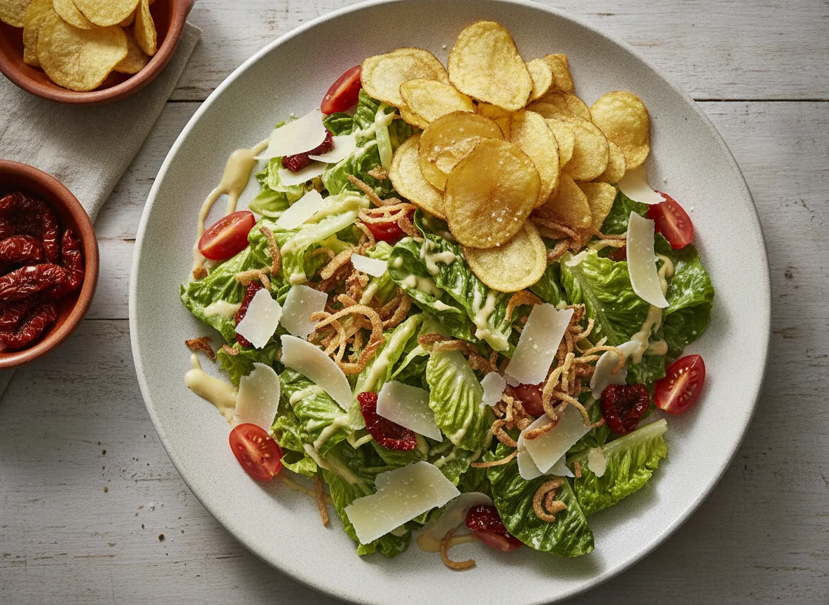 Ensalada César con tomates secos y papas chips photo