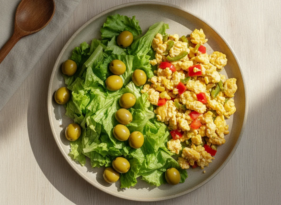 Ensalada con aceitunas y huevos revueltos con vegetales photo