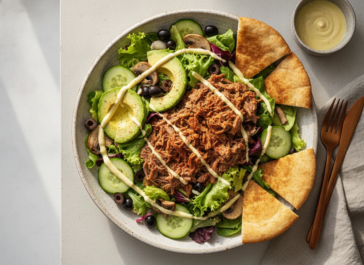 Ensalada con aguacate, carne desmechada y pan pita photo
