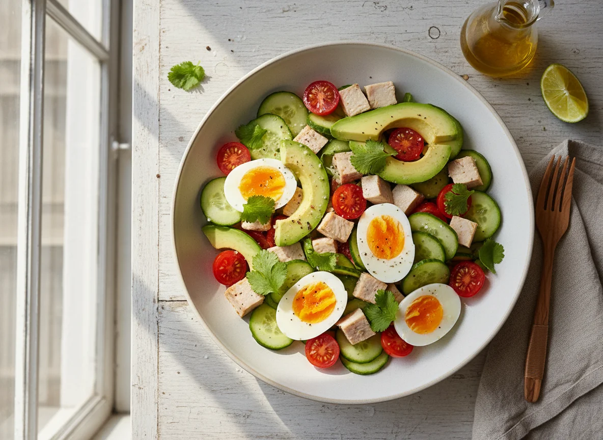 Ensalada con aguacate, huevo y pavo photo