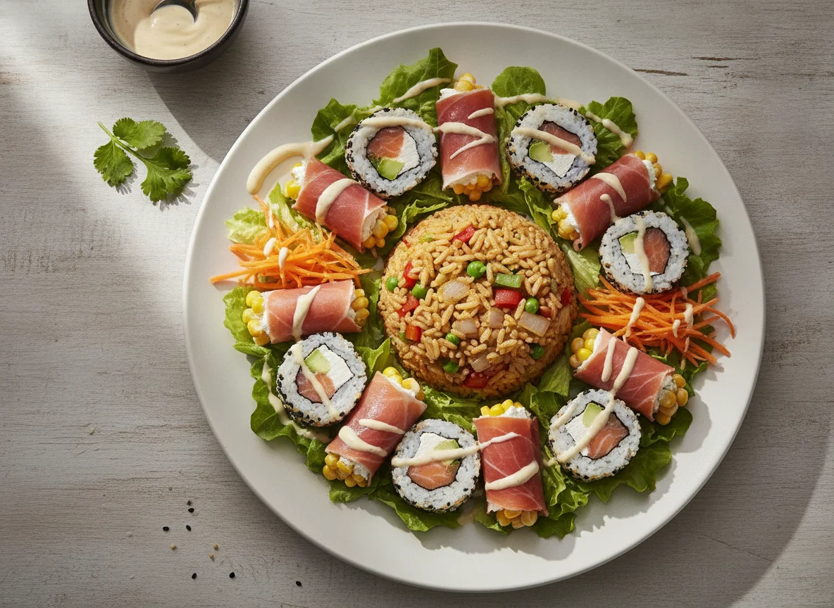 Ensalada con arroz frito, sushi y rollos de jamón photo