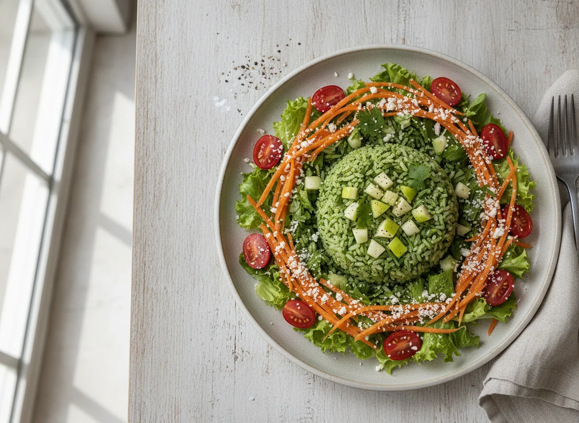 Ensalada con arroz verde y manzana photo