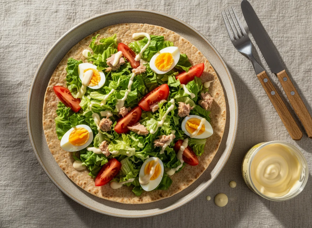 Ensalada con atún y aderezo en tortilla photo
