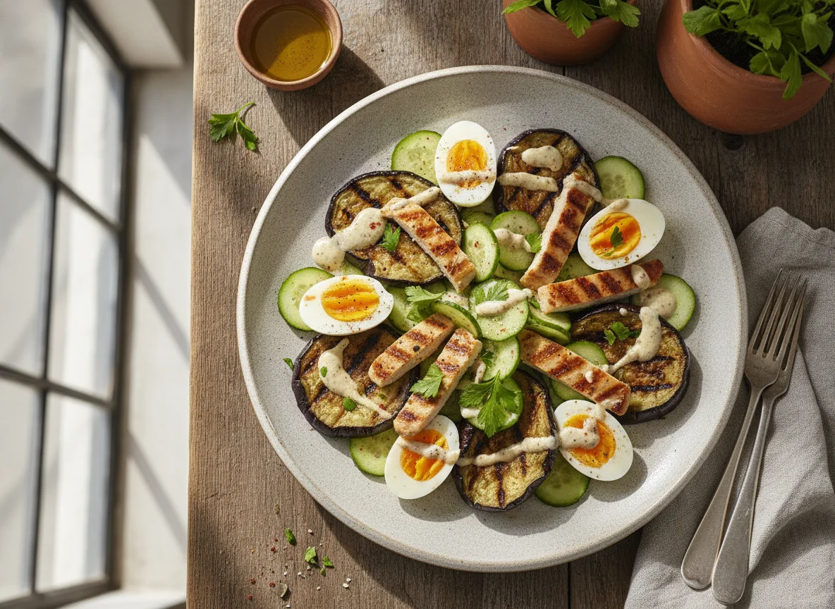 Ensalada con berenjena, pepino, huevo y aderezo photo