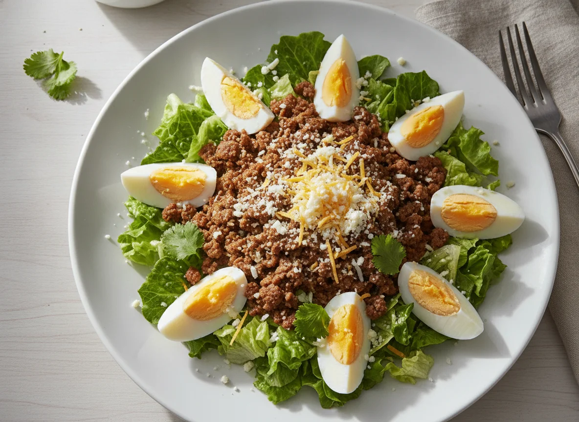 Ensalada con carne molida y huevo photo