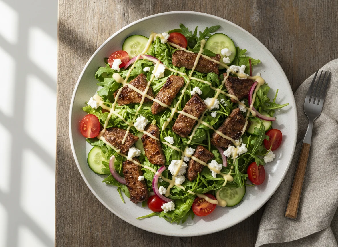 Ensalada con carne y queso feta photo