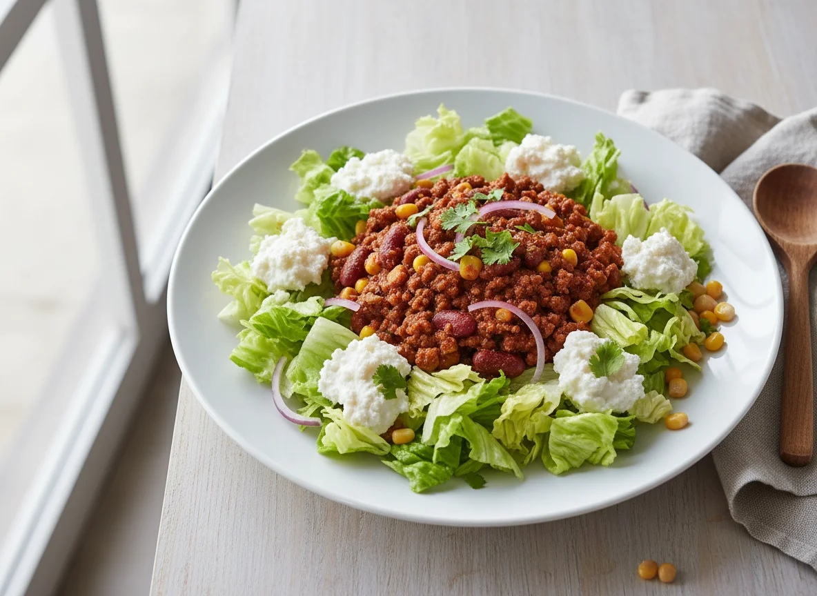 Ensalada con chili con carne y requesón photo