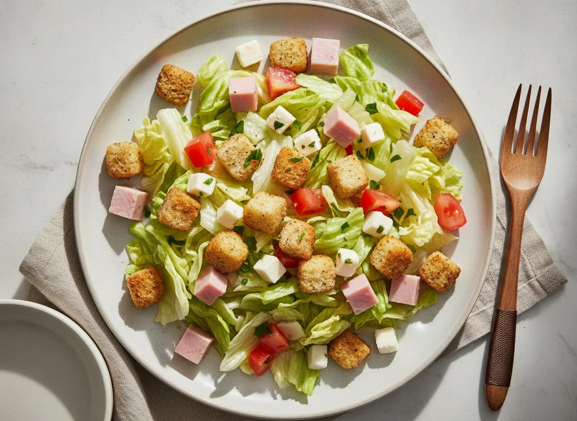 Ensalada con crutones y jamón photo