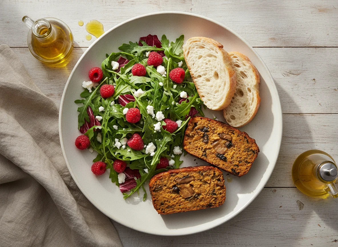 Ensalada con frambuesas, queso feta y pastel de carne con pan photo