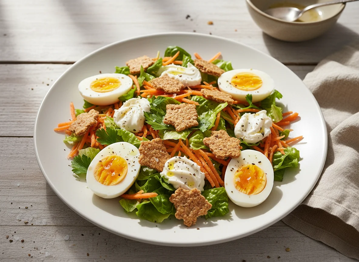 Ensalada con galletas de arroz y huevo photo