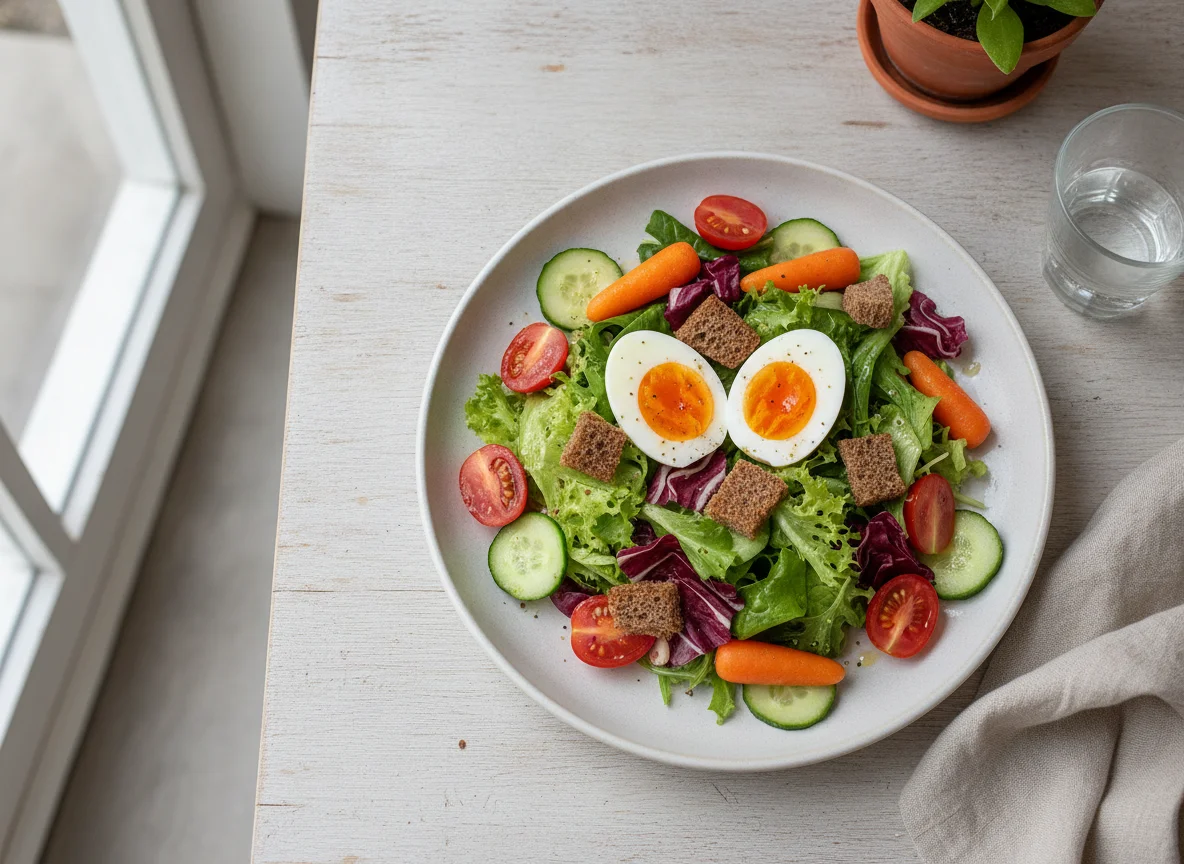 Ensalada con huevo cocido y pan integral photo