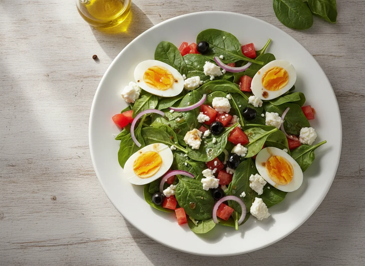 Ensalada con huevo cocido y queso fresco photo