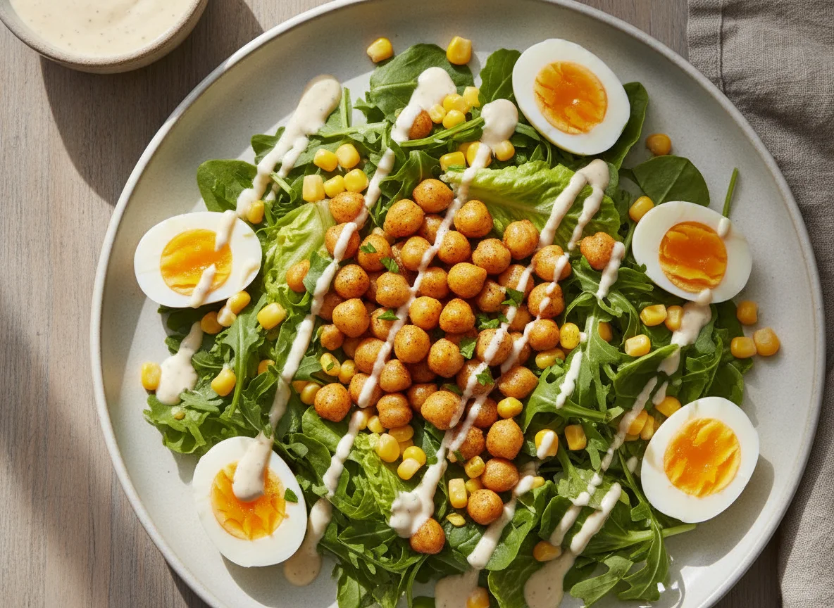 Ensalada con huevo, garbanzos y aderezo cremoso photo