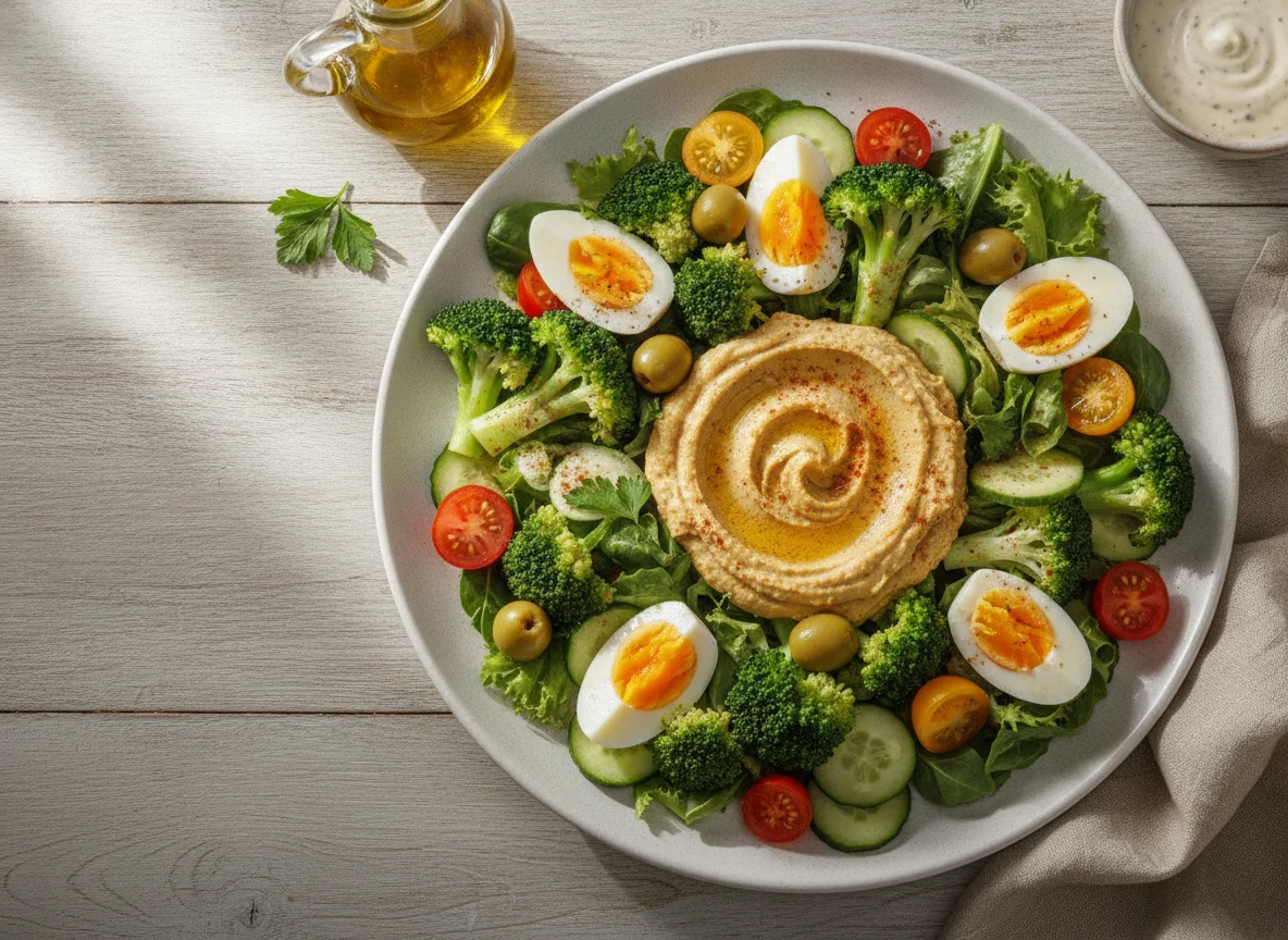 Ensalada con huevo, hummus y brócoli photo