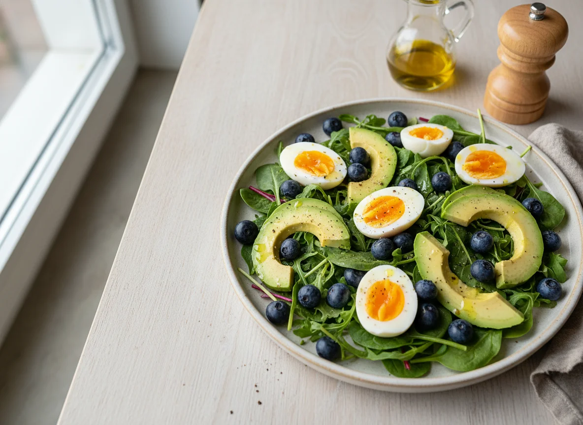 Ensalada con huevo, palta y arándanos photo