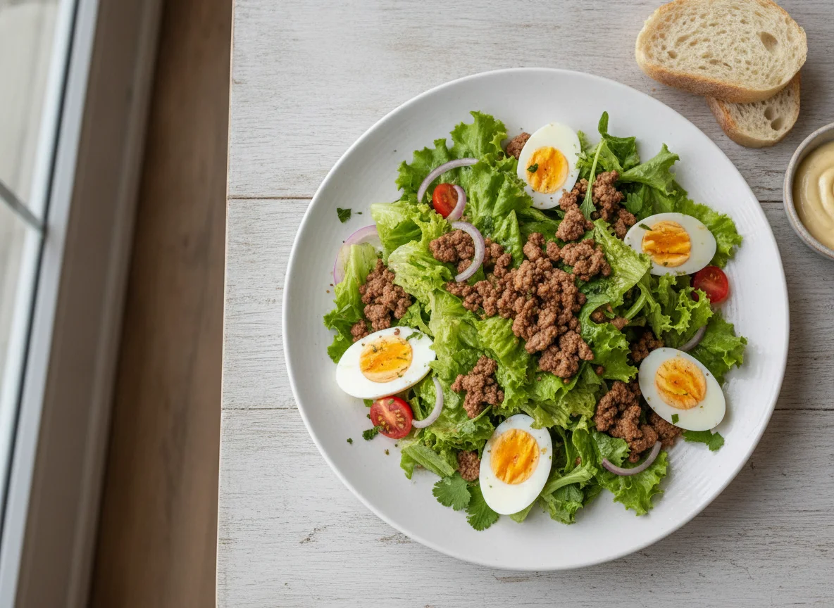 Ensalada con huevo y carne de soya photo