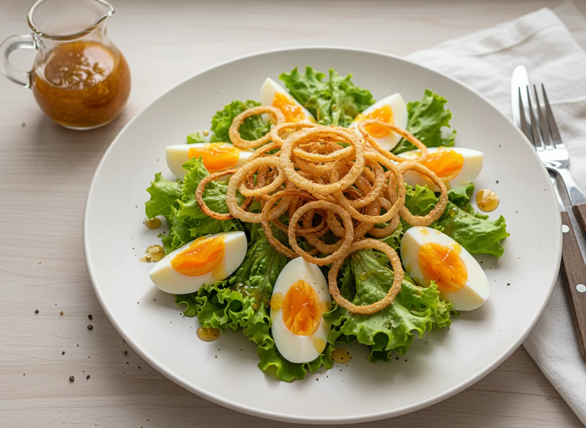 Ensalada con huevo y cebolla frita photo