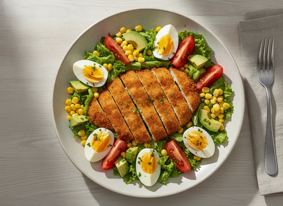 Ensalada con milanesa de pollo y huevo photo