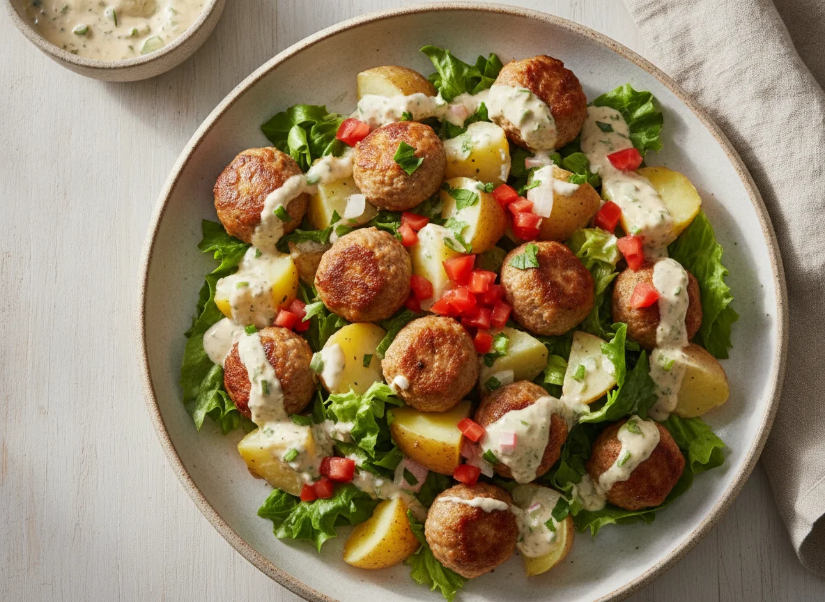 Ensalada con patatas, albóndigas y salsa cremosa photo