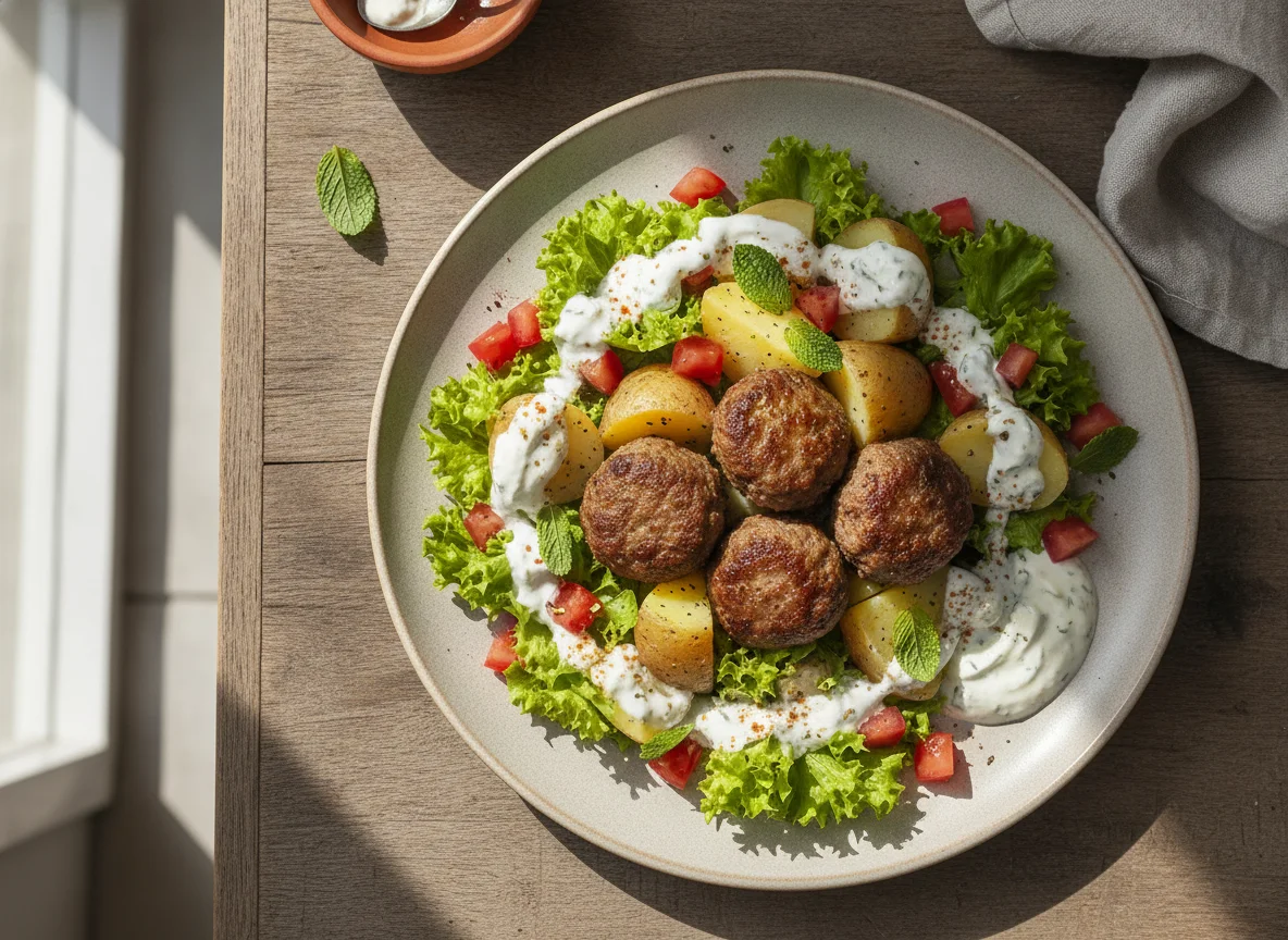 Ensalada con patatas, albóndigas y salsa de yogur photo