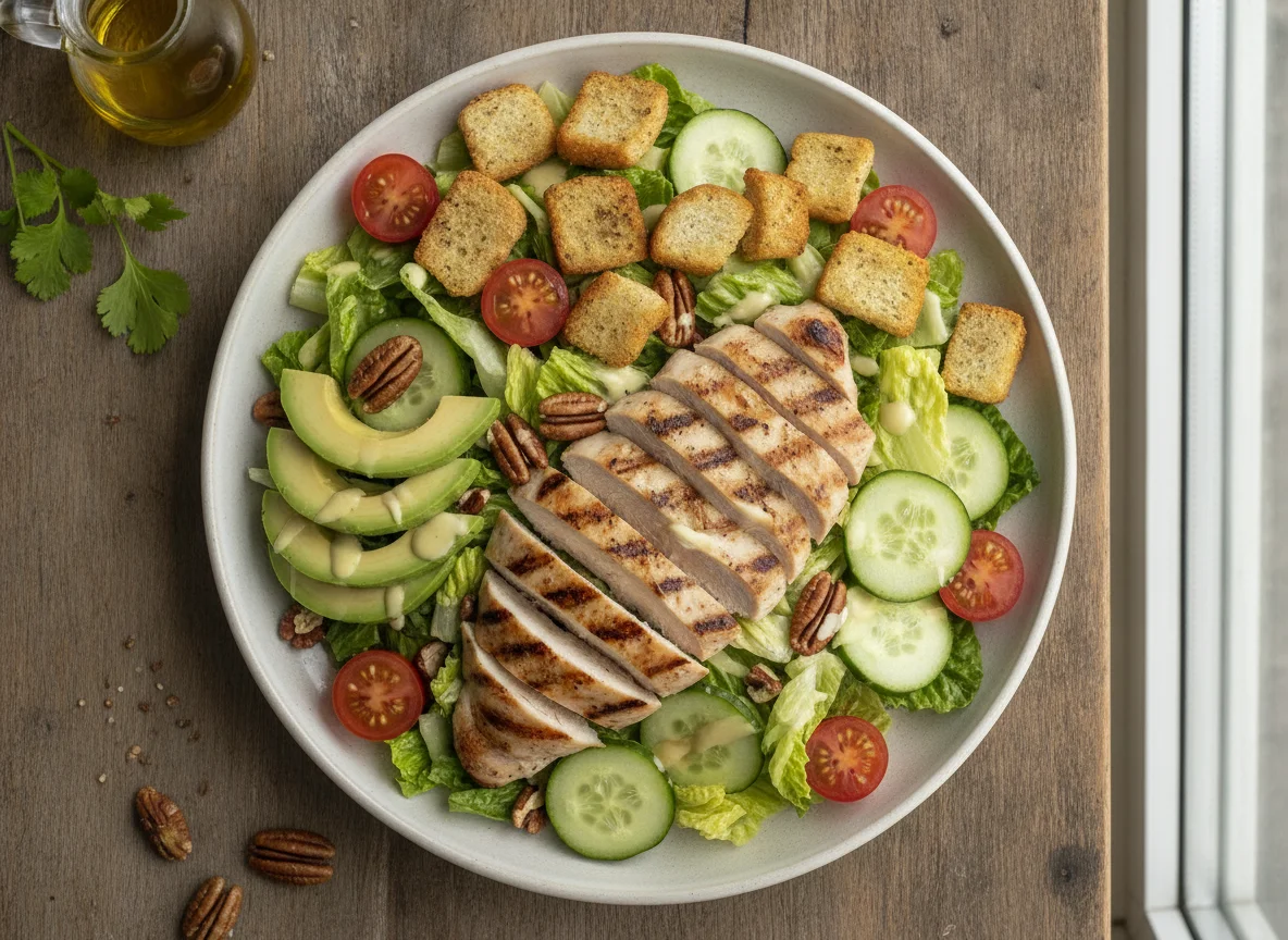 Ensalada con pollo a la parrilla, aguacate y crutones photo