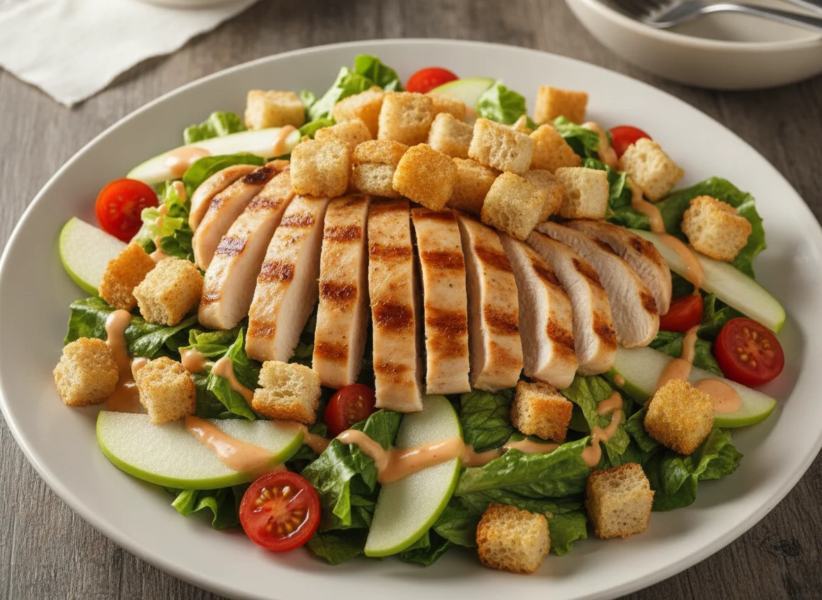 Ensalada con pollo a la parrilla y crutones photo